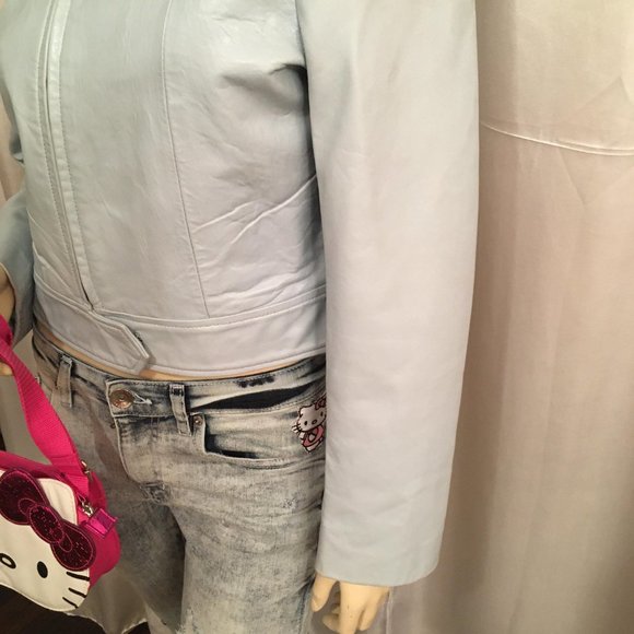 ADORABLE robins egg blue genuine leather jacket jacket with hello kitty details! - Picture 14 of 15